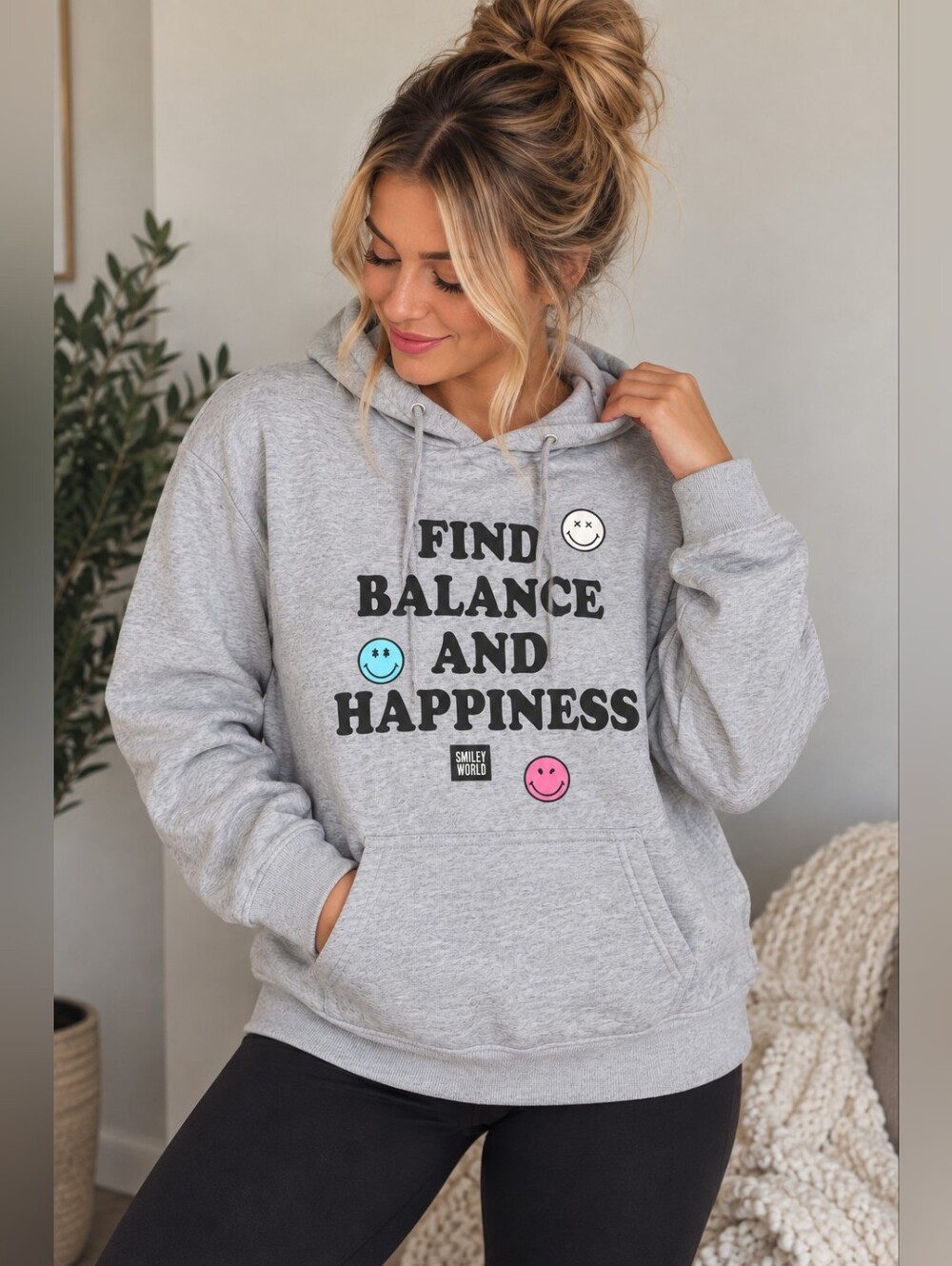 SmileyWorld Find Balance & Happiness Gray Graphic Hoodie Size M